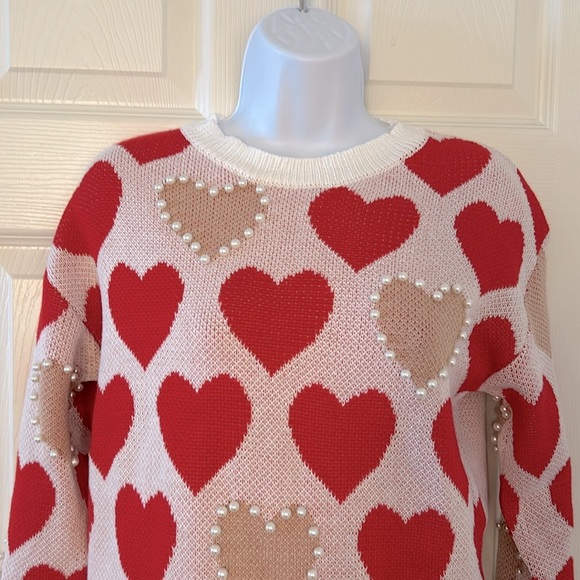 Red + Cream Pearl Heart Knit Sweater - Picture 2 of 16